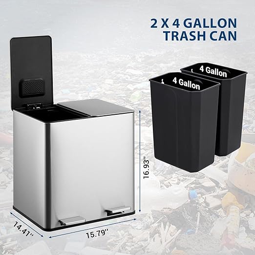 GarveeHome Dual Trash Can, 2x4 Gallon (2x15L) Stainless Steel Step Trash Can, Rectangular Garbage Can for Kitchen, Office with 2 Compartments, Removable Inner Buckets, Soft-Close Lid, Silver