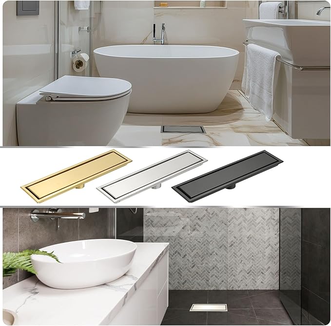 uxcell Rectangular Shower Drain, Brushed 304 Stainless Steel Odor-Proof Floor Drain Linear Shower Drain Hair Catcher for Bathroom Kitchen and Laundry Room(8 Inch, Black)