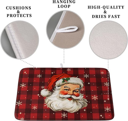 Santa Claus Christmas Dish Drying Mat Xmas Red and Black Buffalo Plaid - Image 3