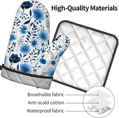 Blue Floral Oven Mitts and Pot Holders Sets of 3, Heat Resistant Cute - Image 9