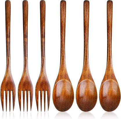 6 Pcs Wooden Forks and Spoons Reusable Wooden Spoons Forks Set Eating Utensil by Unknown