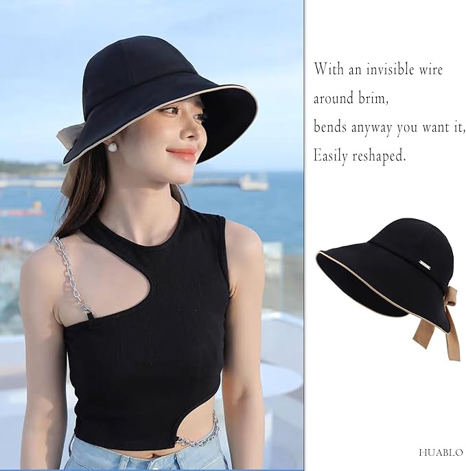 Wide Brim Hats for Woman Foldable Hats Sun Hats for Women uv Protection Bowknot Bucket hat Adjustable hat with Ponytail Hole