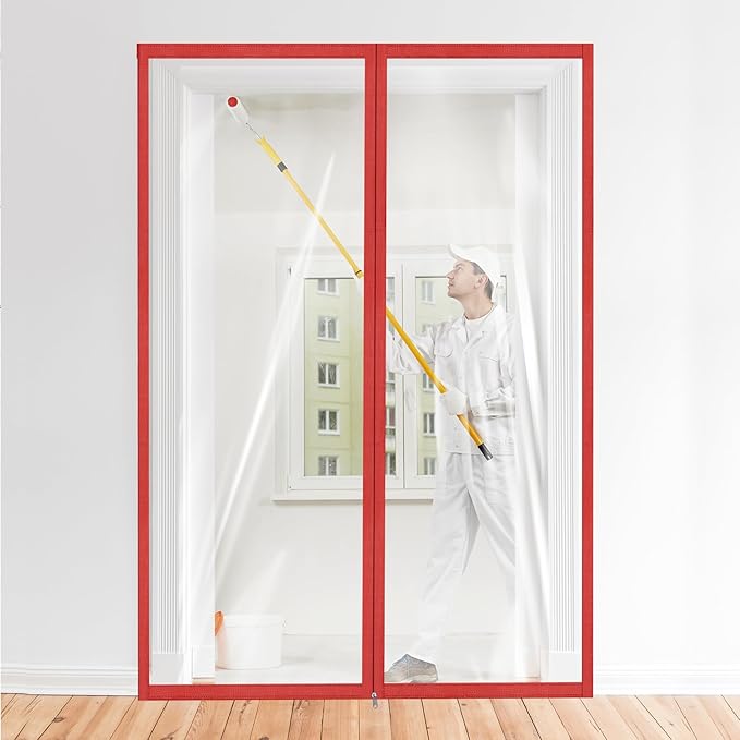 Amylove Zipper 60 x 102 Inch Dust Barrier Kit Red Edged Temporary Construction Door Barrier 5 x 8.5 ft Reusable Plastic Curtain Cover Containment Doorway Wall Screen Sheeting for Bathroom Hallway