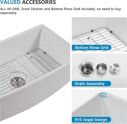 33 White Farm Sink - Fulorni 33"x20" Curved Apron Front Farmhouse Kitchen Sink Ceramic Porcelain Fireclay Single Bowl Farmer Style Basin