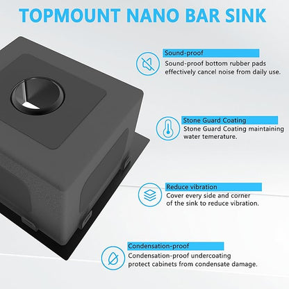 15 x 15 inch Drop in Bar Sink Black, Gunmetal Black Bar Sink 18 Gague Topmount Single Bowl Small Kitchen Sink with Basket Strainer Drain & Bottom Grid