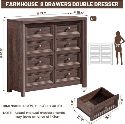 Farmhouse 8 Drawer Dresser for Bedroom, 43.3" Wide Dresser TV Stand, Storage - Image 2