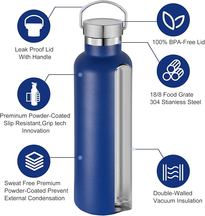 Neihepal Navy Stainless Steel Water Bottles, 20 Ounce Vacuum Insulated Double - Image 3
