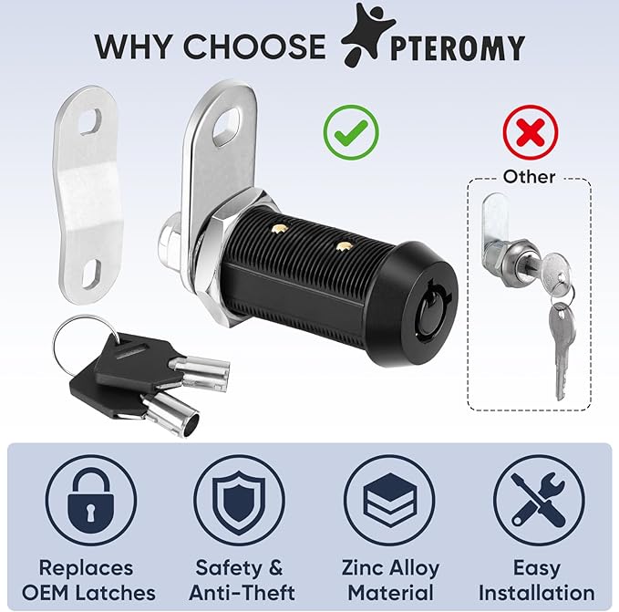 PTEROMY 12 Pack Cabinet Lock with Keys, 5/8'' Heavy Duty Tubular Cam Lock for RV Compartment Storage Locks, Full Set of RV Cam Locks (Black, 5/8'', 12 Pack)
