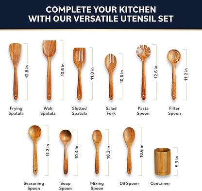 Home Hero Wooden Utensil Set 11 Pcs – Natural Teak Wooden Kitchen Utensils Set - Image 3