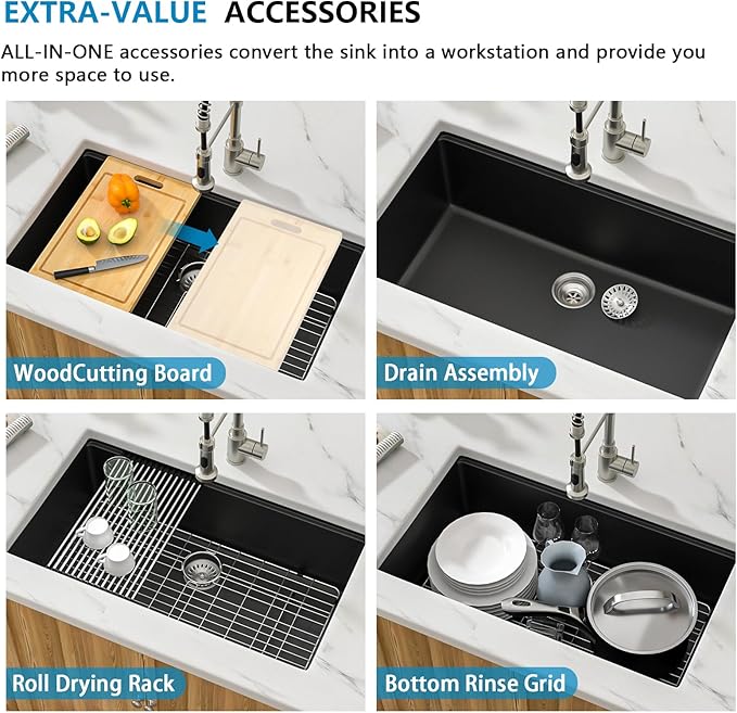 32 Granite Composite Kitchen Sink - Donsdey 32 Inch Black Kitchen Sink Undermount Granite Quartz Composite Ledge Workstation Matte Black Under Counter Single Bowl Sink Basin