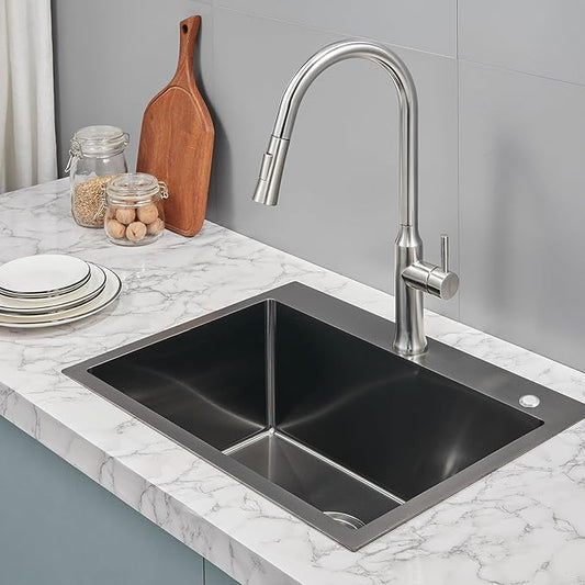 POPFLY 24 Inch Drop In Kitchen Sink, 24×18 Inch Top mount 304 Stainless Steel Bar or Prep Small Single Bowl Sink 18 Gauge Handmade Outdoor Black Rv Sink