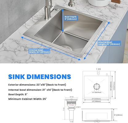 POPFLY 23 Inch Drop In Kitchen Sink, 23×18 Inch Top mount Small Bar Prep Sink,18 Gauge Stainless Steel 9 Inch Deep Single Bowl Utility Sinks with 2 Holes, Brushed