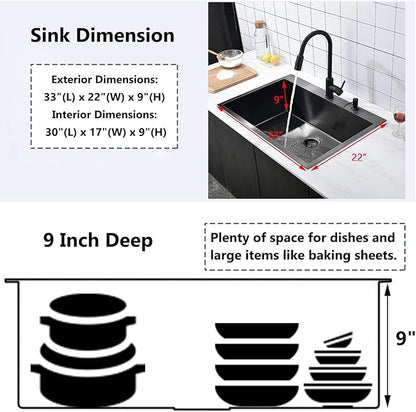 COMLLEN 33"x22"x9" Black Drop In Kitchen Sink, Top Mount SUS304 Stainless Steel Gunmetal Black 18 Gauge Large Commercial Modern Handmade Kitchen Sinks with Drain