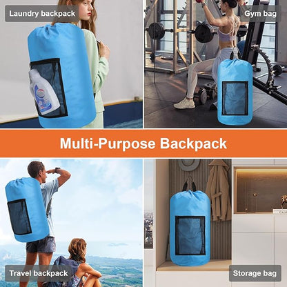 Femuar Laundry Bag Backpack Durable Laundry Bag with Shoulder Straps and Mesh Pockets Portable Laundry Dirty Clothes Hamper Bag for College Dorm (Blue)