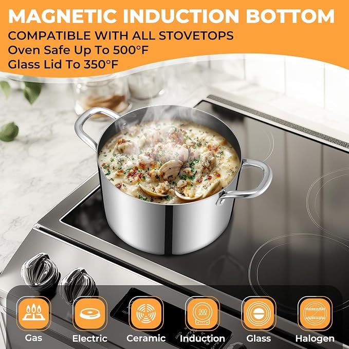 Tri-Ply Stainless Steel Stock Pot, 8 Quart Heavy Duty Induction Cooking Pot - Image 3