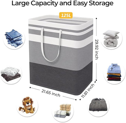 HomeHacks 2 Pack Large Laundry Baskets, Waterproof, Freestanding Laundry Hampers, Collapsible Clothes Hamper with Reinforced Handles in Laundry, College Dorm, Bathroom, Bedroom (Grey+Blue, 125Lx2)