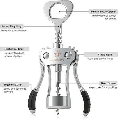 Wine Opener, Heavy-Duty Zinc Alloy Wing Corkscrew Manual Wine Bottle Opener - Image 4