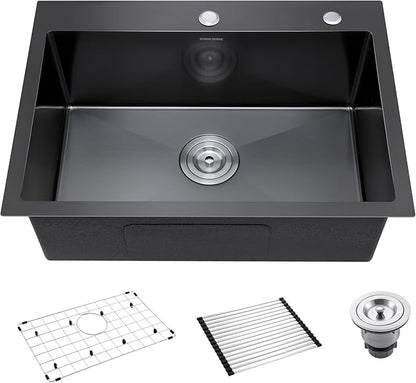 Black Kitchen Sink Drop-In 25 x 18 inch, SINKVINE PVD Nano Stainless Steel Outdoor Sink, Top Mount Large Deep Single Bowl Laundry Basin, w/Drain Strainer, Bottom Grid, Roll-up Drying Unit, Dark Gray
