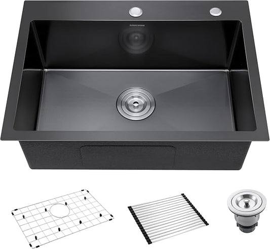 Black Kitchen Sink Drop-In 25 x 18 inch, SINKVINE PVD Nano Stainless Steel Outdoor Sink, Top Mount Large Deep Single Bowl Laundry Basin, w/Drain Strainer, Bottom Grid, Roll-up Drying Unit, Dark Gray