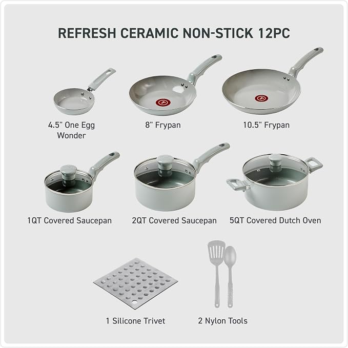 T-Fal Refresh Ceramic Nonstick Cookware Set, 12-Piece Ceramic Pots and Pans Set - Image 2