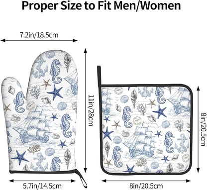 Navy Blue Oven Mitts and Pot Holders Sets Summer Beach Starfish Seashell Oven - Image 3