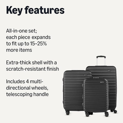 Amazon Basics 3-Piece Set (21", 26", 30"), Hardshell Suitcases With Wheels, Expandable For Up to 25% More Space, With Scratch-Resistant Surface, Four Multi-directional Wheels, Black