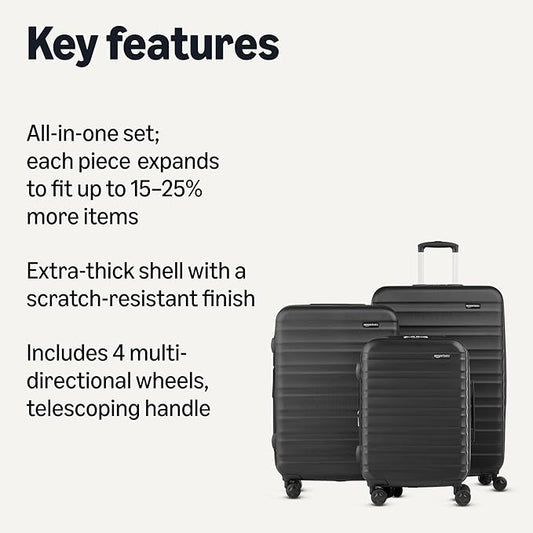 Amazon Basics 3-Piece Set (21", 26", 30"), Hardshell Suitcases With Wheels, Expandable For Up to 25% More Space, With Scratch-Resistant Surface, Four Multi-directional Wheels, Black