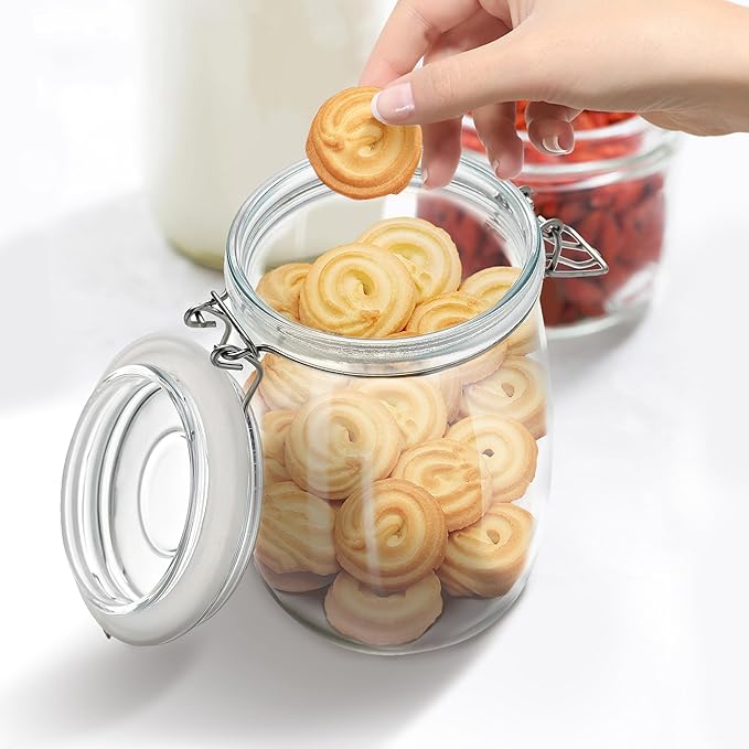 Glass Food Storage Jars with Airtight Lids 34 oz Round 4 Pack Kitchen Storage Containers Large Cabinet Canisters Sealed Pot Canning for Pasta, Cereal, Coffee, Beans, Spice