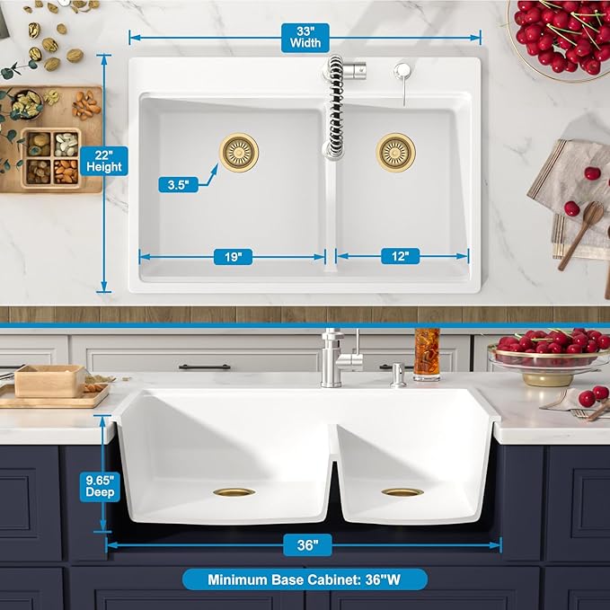 33 Inch Double Bowl White Kitchen Sinks 33x22 Granite Composite Dorp In 60/40 Basin with Luxury Accessories Quartz Workstation Sinks with Noise Reduction Durable and Hard Gold Accessoris Sink
