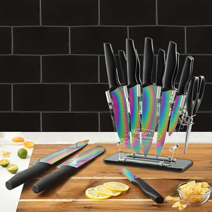 Marco Almond® Knife Block Set, 14-Piece Rainbow Color Stainless Steel Knife Sets - Image 7