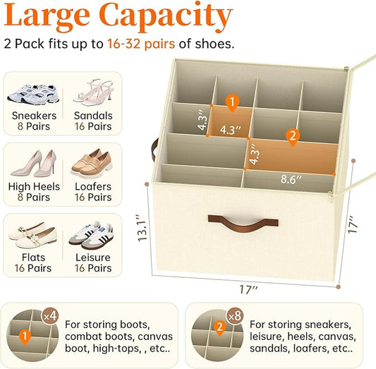 Shoe Organizer for Closet, 2 Pack Shoe Organizer with Clear Cover, Closet Shoe Storage Containers w/Adjustable Dividers, Foldable Storage Bins for Shoes, Fits 16-32 Pairs, Beige
