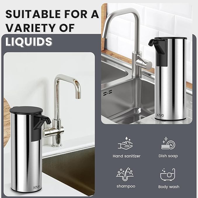 Automatic Soap Dispenser Touchless 11.8oz 4-Level Adjustment Auto Hand Soap Dispenser Stainless Steel Battery Operated for Bathroom Kitchen Hotel