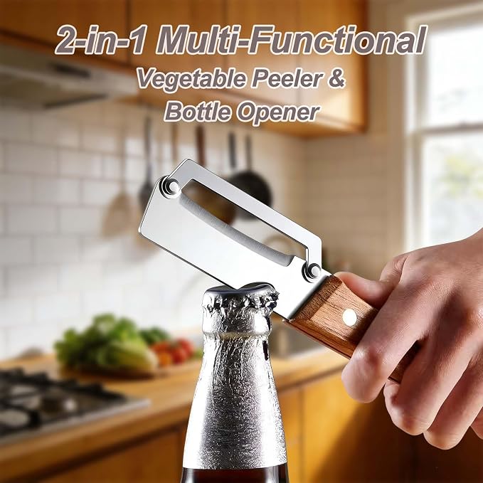 2PCS Vegetable Peeler, with Wooden Handle and Bottle Opener, Stainless Steel - Image 3