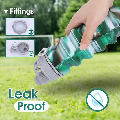 Collapsible Water Bottle for Adults, Boys, Students, Kids, Reusable Silicone Foldable Water Bottles for Travel Camping Hiking, Portable Sports Water Bottle, Gray & Green