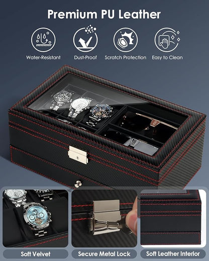 Watch Jewelry Box Organizer, 6-Slot 2-Layer Watch Case and Sunglasses Storage with Large Glass Lid, Men's Jewelry Box with Lock, Watch Holder Display Case, Gift for Men Women