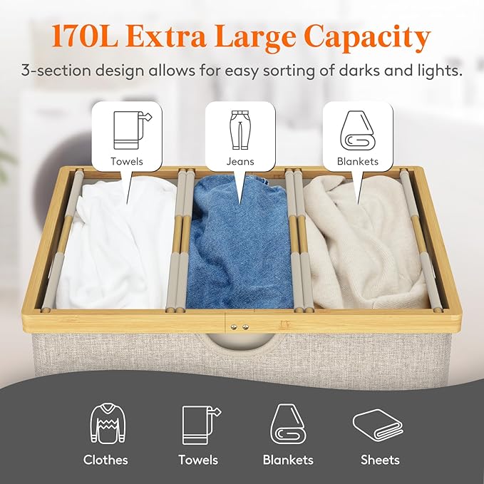 Lifewit 170L Triple Laundry Hamper with Lid, Extra Large Bamboo Laundry Basket Dirty Clothes Hamper,3 Section Laundry Bin Organizer for Laundry Room Bedroom with 3 Removable Liners & Bags, Beige