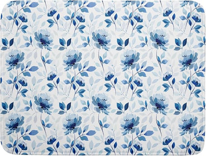 Blue Floral Dish Drying Mat 18x24 inch Flower Leaves Dish Rack Pad Microfiber by Giwawa