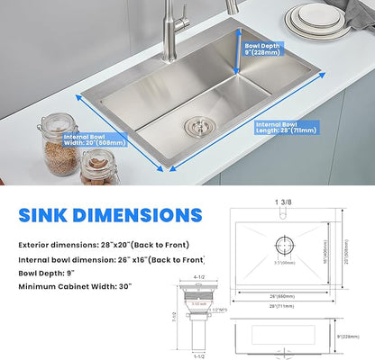 POPFLY 28×20 Inch Drop In SUS 304 Kitchen Sink, Top mount Stainless Steel 9 Inch Deep Single Bowl Kitchen Sinks, Brushed Nickel