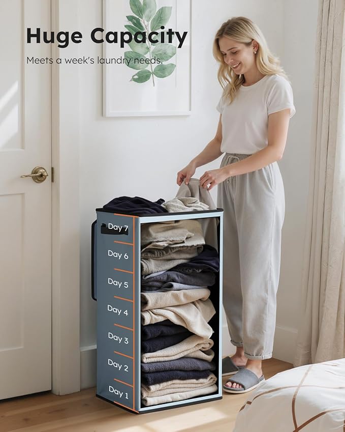 SOLEDI Laundry Hamper with Lid 100L Large & Tall Collapsible Laundry Basket, Clothes Hamper with Bag Removable Easy to Carry, Dirty Hampers for Bedroom, Bathroom, Dorm, College, Blue Grey