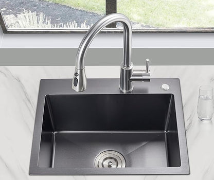 POPFLY 22x18 inch Drop In Kitchen Sink, 18 Gauge 304 Stainless Steel Top mount Single Bowl Handmade 2 Holes Bar Small Sink 9 inch Deep, Black 18" Kitchen Prep Sink