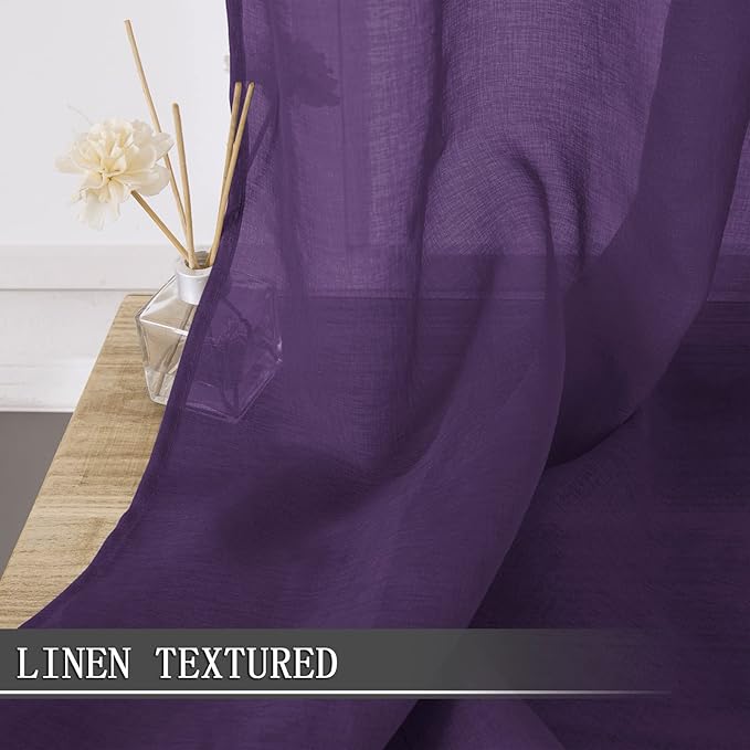 Tollpiz Short Sheer Curtains Linen Textured Living Room Curtain Sheers Light Filtering Rod Pocket Voile Curtains for Bedroom, 42 x 45 inches Long, Royal Purple, Set of 2 Panels