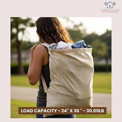 LFH Home Cotton Canvas Extra Large Laundry Bag with Handle, Heavy Duty Drawstring Closure Washable Laundry Bags School Travel, Home, Hotel, College Dorm, Organizer Sack, Toys Clothes 24x36-Natural
