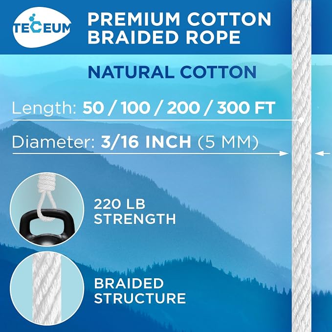 TECEUM Cotton Rope 3/16” – 200 FT – Strong All-Purpose Braided Rope – Natural - Image 2