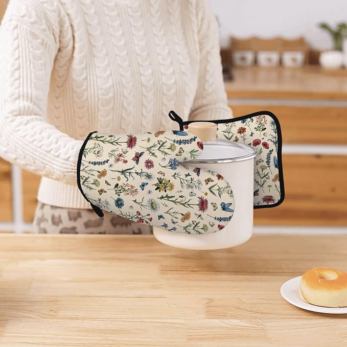 Vintage Floral Oven Mitts and Pot Holders 3Pcs, Retro Floral Silicone Oven - Image 7
