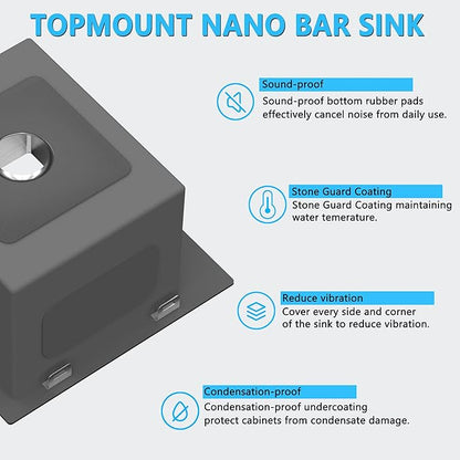 15 x 15 inch Drop in Bar Sink, Small Topmount Kitchen Sink Single Bowl 18 Gauge Stainless Steel Bar Sinks with Basket Strainer Drain