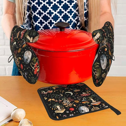 Cute Mushroom Oven Mitts and Pot Holders Sets of 3, Heat Resistant Black Hot - Image 2