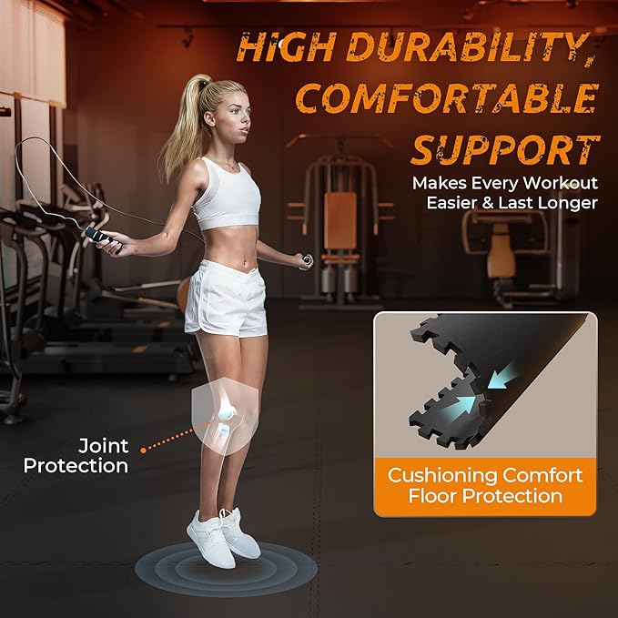 PRAISUN 0.6" Thicker Gym Mat, 12 Tiles 48 Sq Ft Workout Mats, Interlocking Foam Tiles with Rubber Top, High Density EVA Foam, Exercise Mat, Gym Flooring for Home Gym, Garage, 24 x 24in, Black