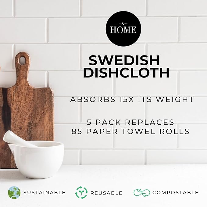 HALL & PERRY Swedish Dishcloths for Kitchen, 5-Pack, Reusable Cellulose Sponge Cloths for Kitchen & Cleaning – Eco-Friendly, Ultra-Absorbent, Quick-Drying (Sage Green)