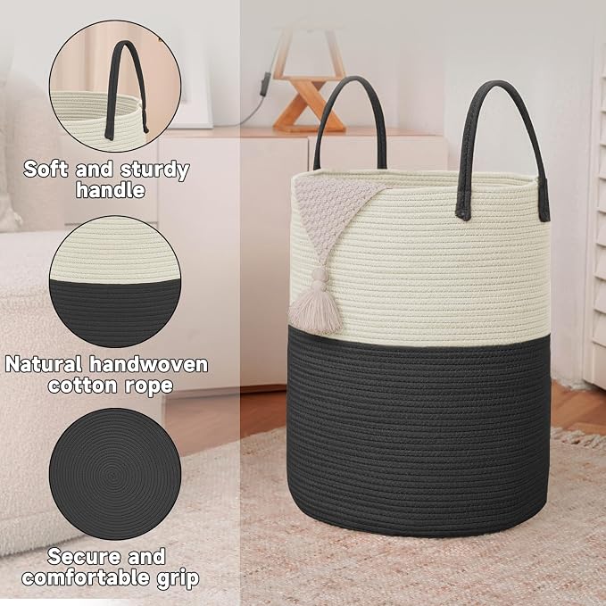 Large Woven Laundry Basket Hamper, 80L Cotton Rope Storage Bin - Image 6