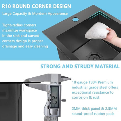 15 x 15 inch Drop in Bar Sink Black, Gunmetal Black Bar Sink 18 Gague Topmount Single Bowl Small Kitchen Sink with Basket Strainer Drain & Bottom Grid